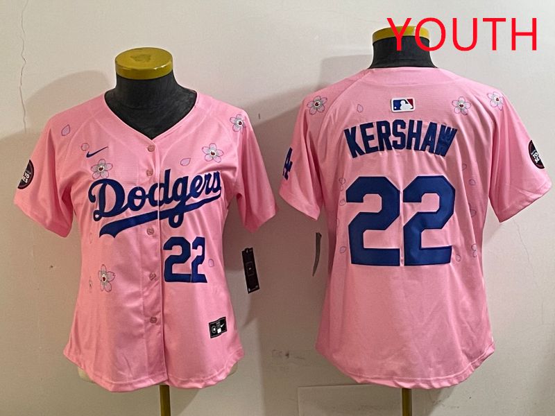 Youth Los Angeles Dodgers #22 Kershaw Pink White Blue Sakura Edition 2025 Nike MLB Jersey style 5->youth mlb jersey->Youth Jersey